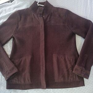 Jones New York Womens M Sweater Jacket Faux Suede Knit Sleeves Brown Full Zip